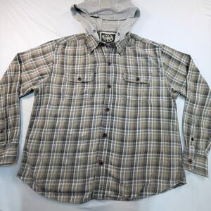Red Kap Hooded Flannel Shirt XXL Gray Plaid Cotton Long Sleeve Button Up Men